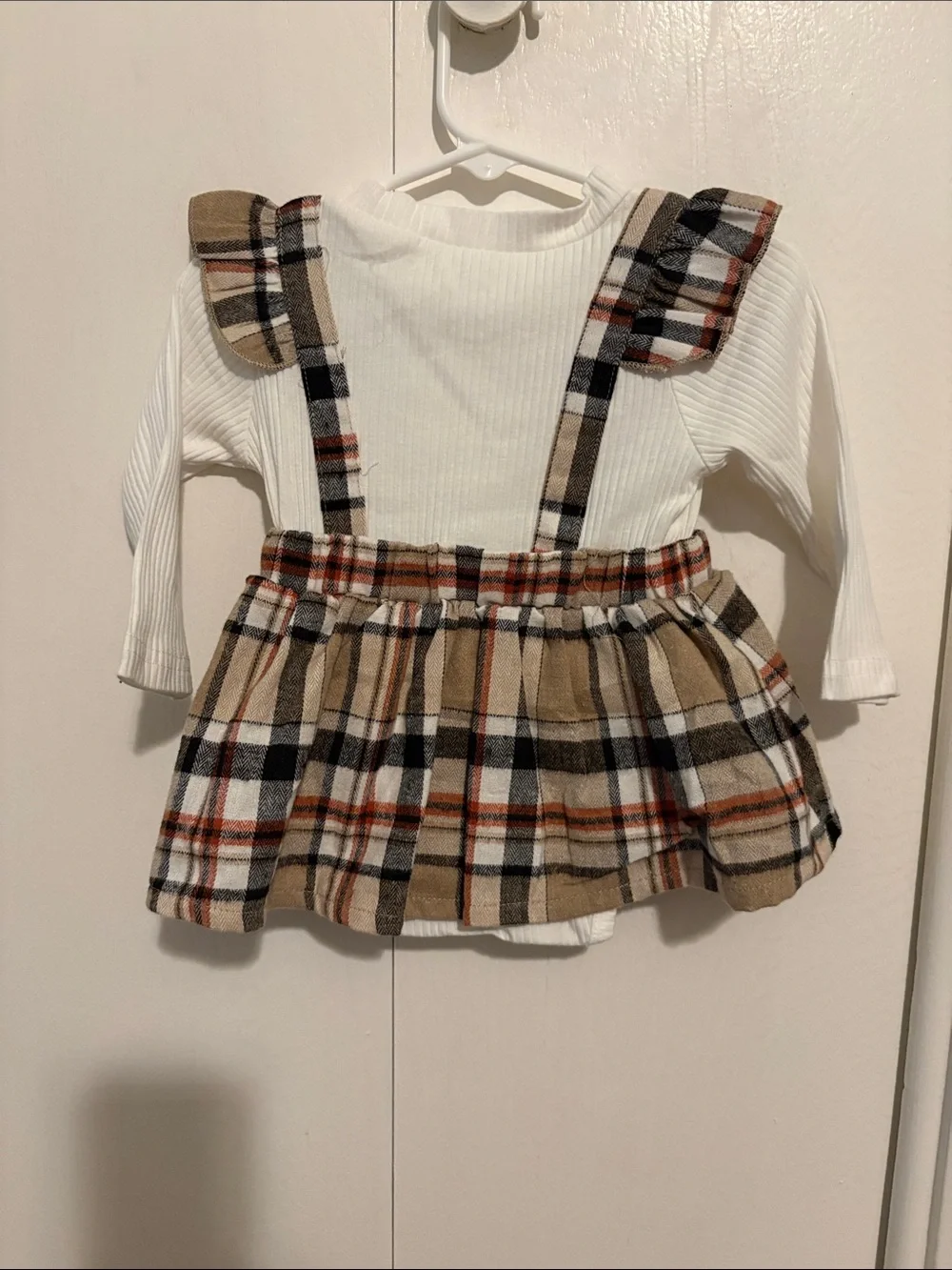 Toddler Plaid Suspender Skirt with White Long-Sleeve Top